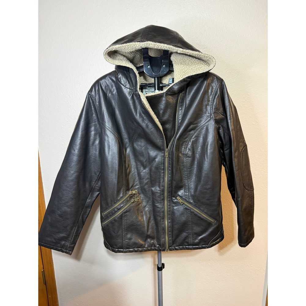 Levis Womens 2X Faux Leather Hooded Jacket Brown Sherpa Lined Full Zip Coat